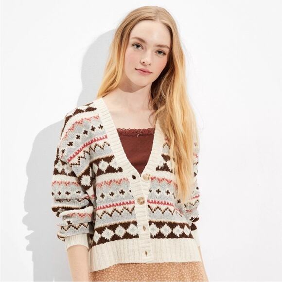 American Eagle Brown Cream Geometric Fairisle Button Sweater Cardigan Small - Picture 1 of 15